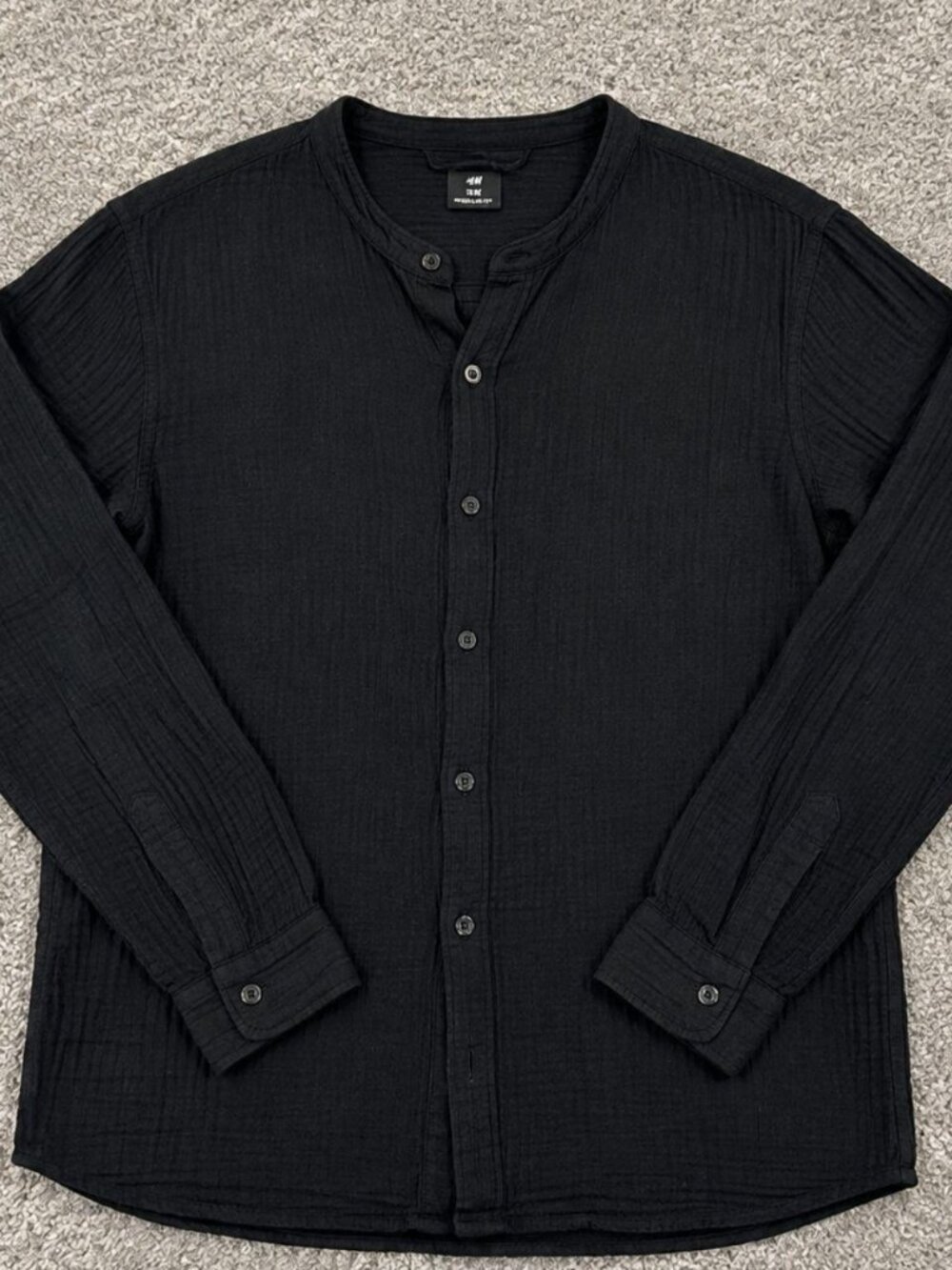 H&M Black Textured Collarless Button Up Shirt Long Sleeve